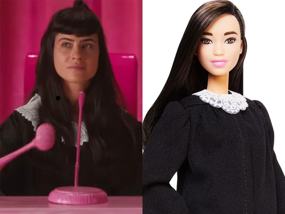 Left: Ana Cruz Kayne as Supreme Court Justice Barbie. Right: A Judge Barbie doll, released in 2019.