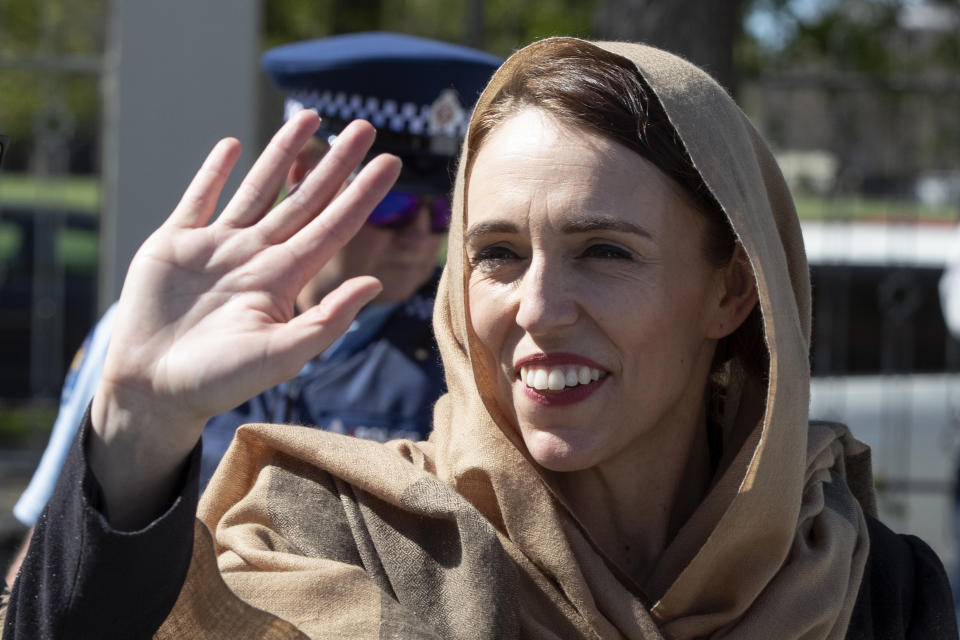 FILE - In this Sept. 24, 2020, file photo, New Zealand Prime Minister Jacinda Ardern waves as she walks from the Al Noor mosque in Christchurch, New Zealand where she unveiled a memorial plaque in memory of the victims of the March 15, 2019 Christchurch terror attack. Opinion polls indicate Ardern is on track to win a second term as prime minister in a general election scheduled for Saturday, Oct. 17, 2020. (AP Photo/Mark Baker, File)