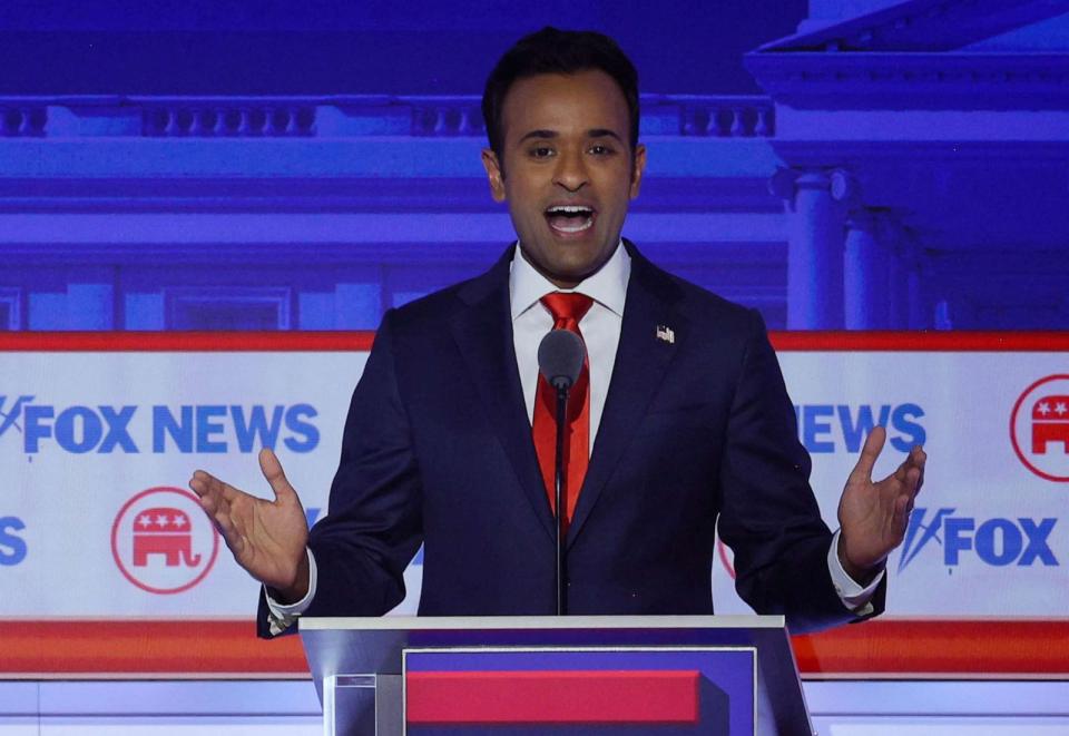 PHOTO: Former biotech executive Vivek Ramaswamy speaks at the first Republican candidates' debate of the 2024 U.S. presidential campaign in Milwaukee, Aug. 23, 2023. (Brian Snyder/Reuters)