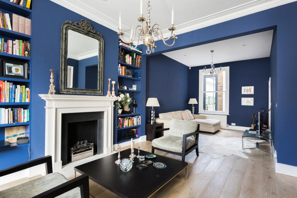 <p><strong>Location: </strong>Ladbroke Grove, London</p> <p>An ornate chandelier and cowhide rug add texture to this deep blue sitting room. </p> <p>For more info, visit <a rel="nofollow noopener" href="https://www.onefinestay.com/homes/london/wallingford-avenue-4/" target="_blank" data-ylk="slk:onefinestay.com;elm:context_link;itc:0;sec:content-canvas" class="link ">onefinestay.com</a></p>