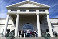 Pastor Matthew Shackelford of Central Church in Collierville leads a prayer at Collierville Town Hall Friday, Sept. 24, 2021, in Collierville, Tenn., in honor of the victims of the Kroger shooting. (Patrick Lantrip/Daily Memphian via AP)