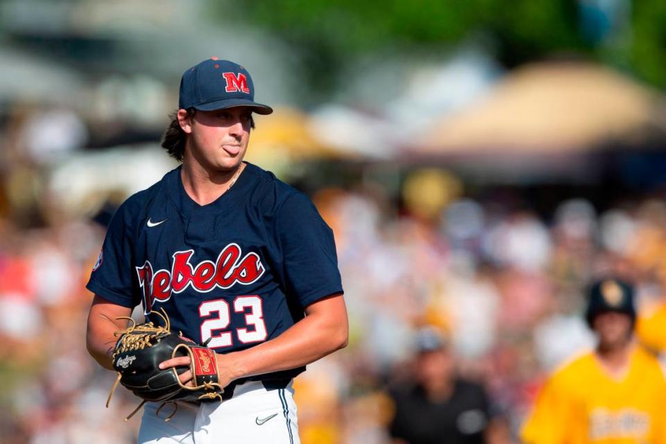 Ole Miss’s Josh Mallitz sticks his tongue out as he pitches against Southern Miss during the Super Regionals Final at Pete Taylor Park in Hattiesburg on Sunday, June 12, 2022.