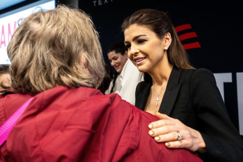 Florida First Lady Casey DeSantis talks with a supporter during a campaign stop at Elevate Business and Events Center on Friday, Dec. 8, 2023, in West Des Moines.
