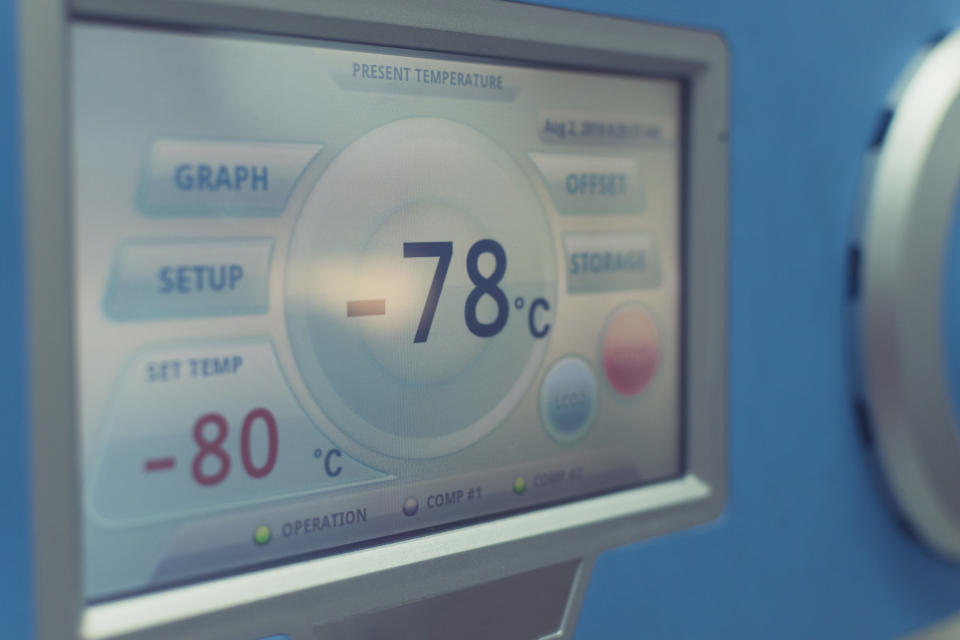 Ultra low temperature -70 degree celsius freezer for keeping specimens for laboratory testing in hospital.Front of refrigerator storage blood from patient for research in university