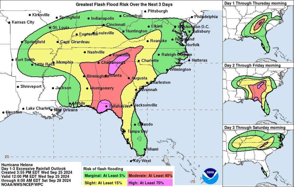 A map of flash flooding potential from Hurricane Helene (National Weather Service)