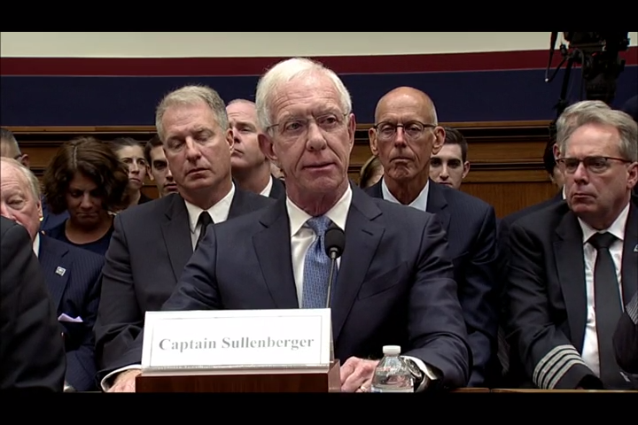 Former airline pilot Chesley "Sully" Sullenberger, who safely landed a crippled jetliner on the Hudson River ten years ago, before the House aviation panel on June 19, 2019.