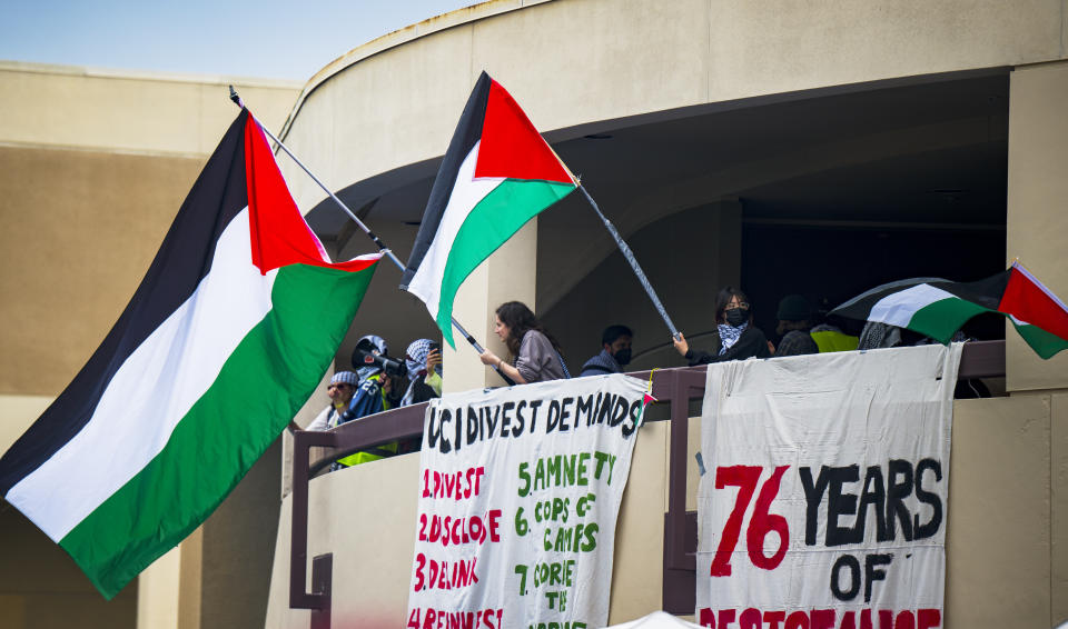 Pro-Palestinian protesters wave flags from the second level of the Physical Sciences Lecture Hall after they took over the building at the University of California, Irvine, Wednesday, May 15, 2024, in Irvine, Calif. (Leonard Ortiz/The Orange County Register via AP)