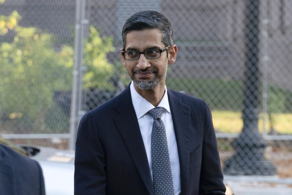 Google and Alphabet Inc. CEO Sundar Pichai arrives at the federal courthouse in Washington, Monday, Oct. 30, 2023. (AP Photo/Jose Luis Magana)