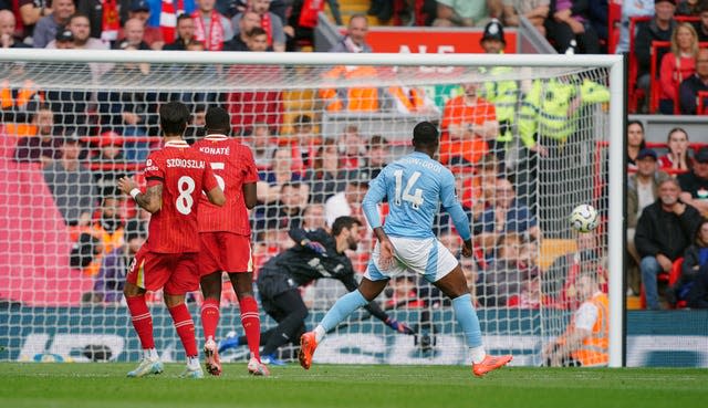 Callum Hudson-Odoi scores the only goal for Nottingham Forest at Anfield