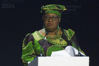 World Trade Organization Director-General Ngozi Okonjo-Iweala speaks at a WTO summit in Abu Dhabi, United Arab Emirates, Monday, Feb. 26, 2024. The World Trade Organization opened its biennial meeting Monday in the United Arab Emirates as the bloc faces pressure from the United States and other nations ahead of a year of consequential elections around the globe. (AP Photo/Jon Gambrell)