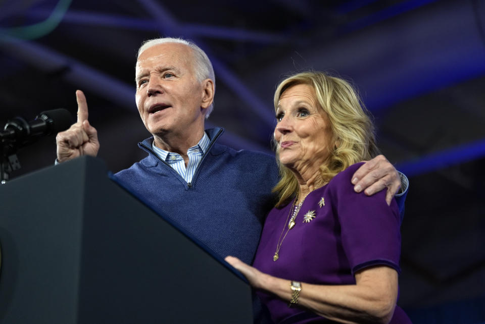 President Joe Biden and first lady Jill Biden speak at a campaign event in Philadelphia, Friday, March 8, 2024. (AP Photo/Manuel Balce Ceneta)