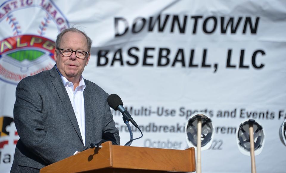Howard "Blackie" Bowen speaks during a groundbreaking ceremony for the new Hagerstown Multi-Use Sports and Events Facility. The Atlantic League of Professional Baseball approved a new franchise owned by Downtown Baseball LLC., which is led by Bowen along with Don Bowman, James Holzapfel and Frank Boulton. The 5,000-seat sports stadium is expected to be completed in mid-2024.