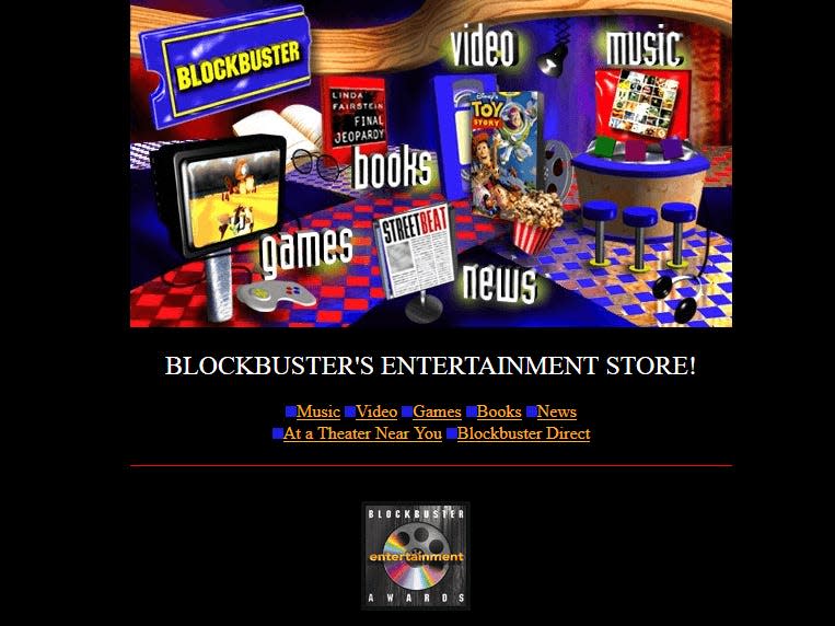 the words video, music, books, news, and games on the Blockbuster website in 1996