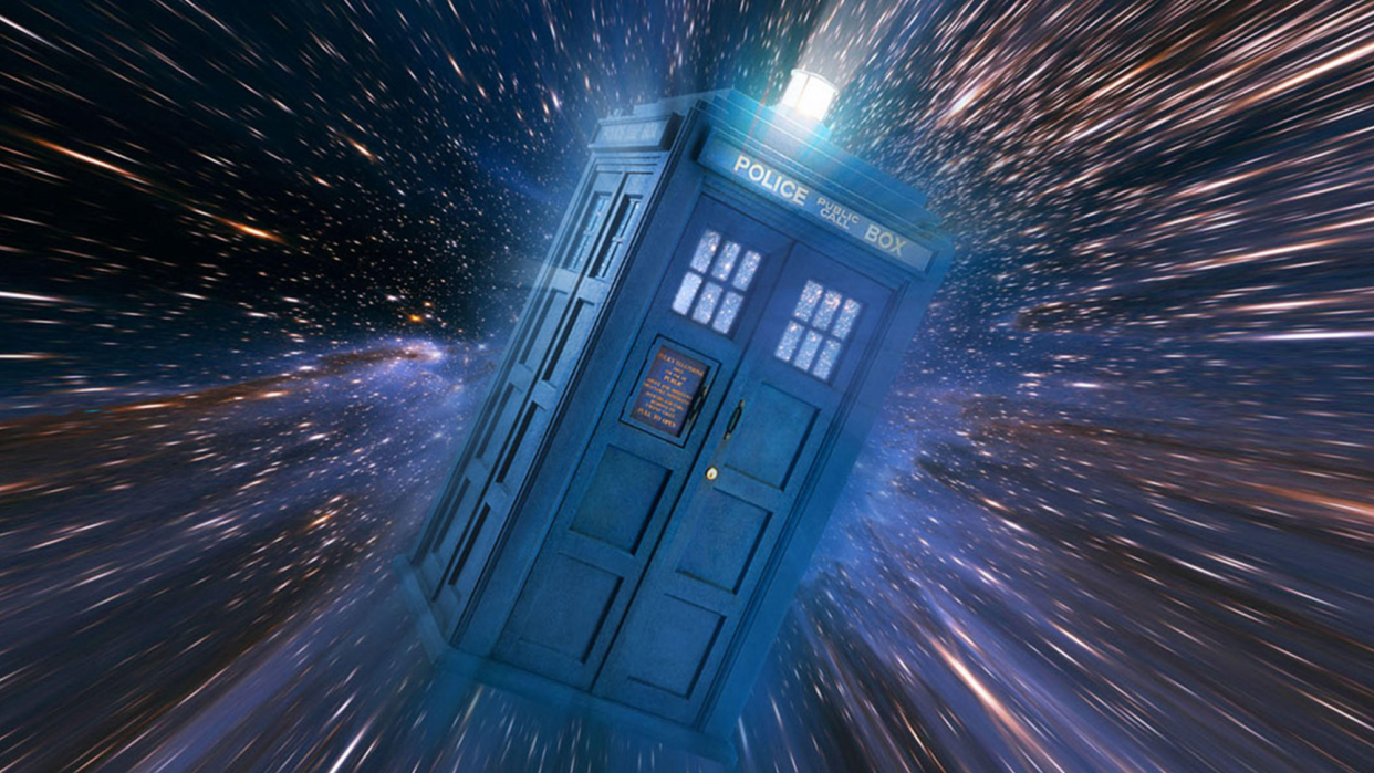  The police box shaped Tardis pictured flying through space. 