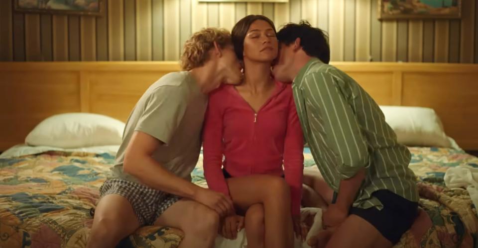 Mike Faist, Zendaya and Josh O'Connor in the infamous Challengers Kissing scene.