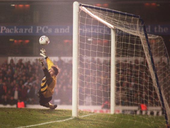 Mark Crossley saves Teddy Sheringham's penalty to put Nottingham Forest through against Tottenham in an FA Cup Fifth round replay in 1996 (Getty)