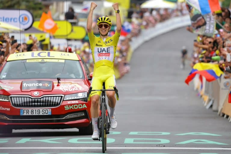 El corredor esloveno del UAE Tadej Pogacar celebra su victoria en la 19ª etapa del Tour de Francia, entre Embrun e Isola 2000, el 19 de julio de 2024 (Thomas SAMSON)