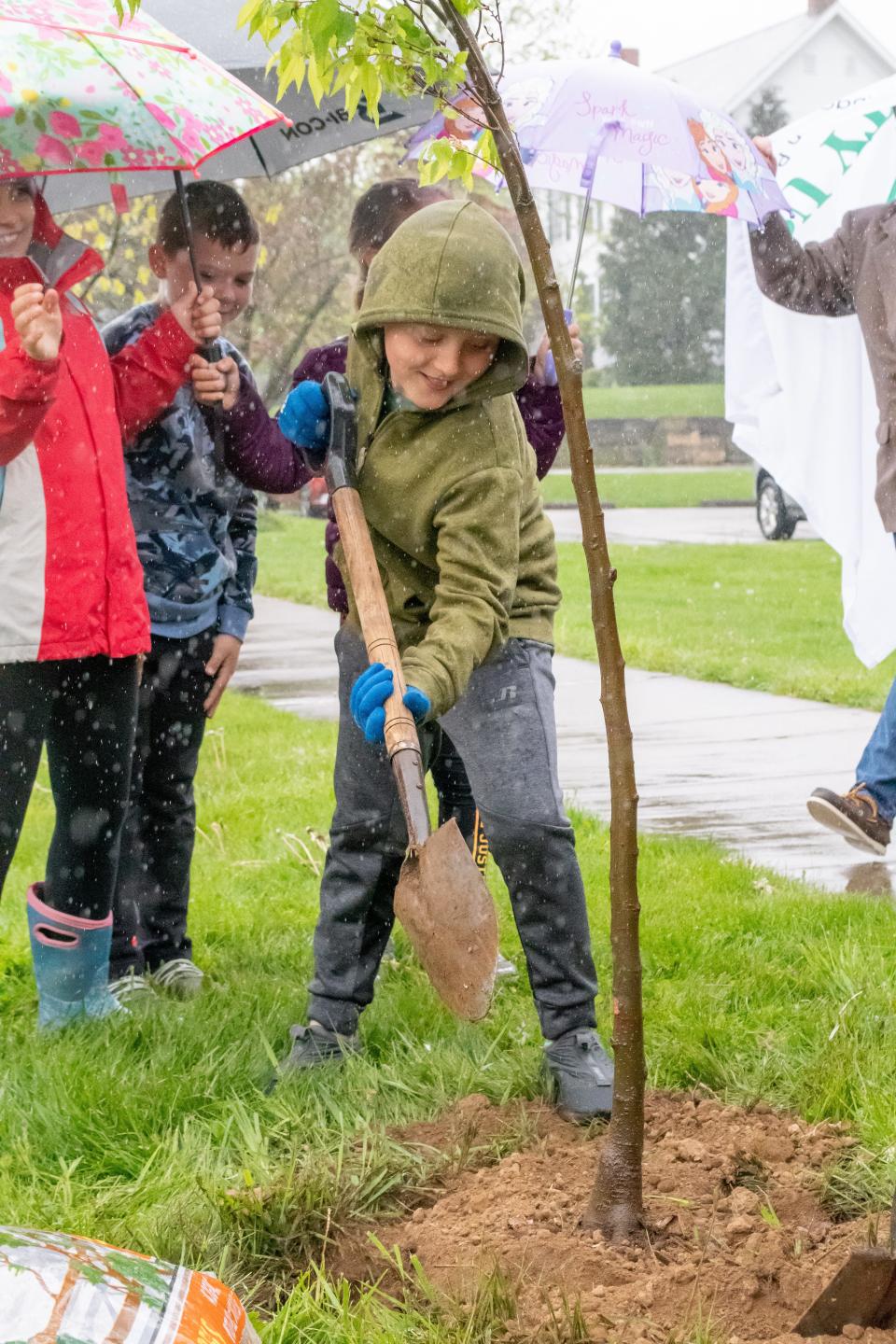 Second graders from New Concord Elementary shovel dirt onto a freshly planted tree in New Concord for Arbor Day.