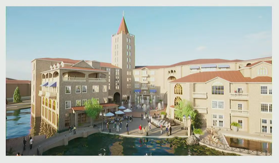 Shown is a conceptual rendering of the planned Barisi Village, proposed to be a mixed-use development that would be constructed on the former Pharaoh Valley Golf Course.