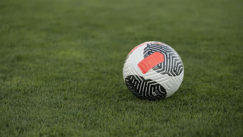 A ball rests on the grass at South Field in Provo, Utah, on Thursday, September 14, 2023. The Utah State Aggies beat the BYU Cougars 1-0 on Saturday in Logan.