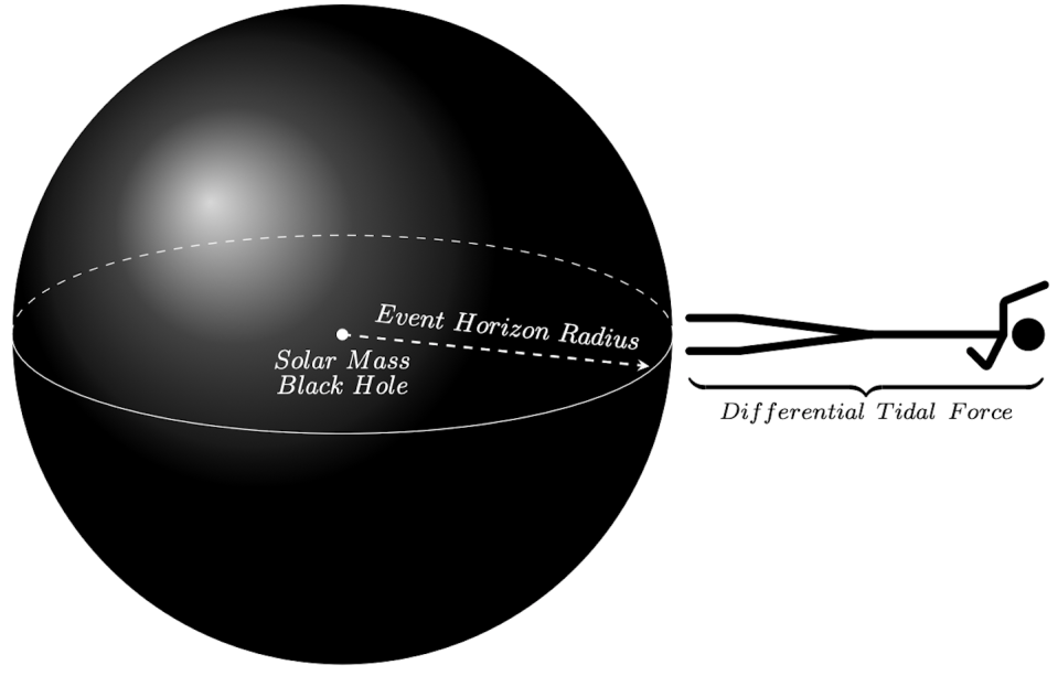 As the person approaches the event horizon of a a Sun-size black hole, the vast difference in gravitational pull between the inidvidual’s head and toes causes the person to stretch into a very long noodle, hence the term ‘spaghettification’. Leo and Shanshan Rodriguez, <a href="http://creativecommons.org/licenses/by-nd/4.0/" rel="nofollow noopener" target="_blank" data-ylk="slk:CC BY-ND;elm:context_link;itc:0;sec:content-canvas" class="link ">CC BY-ND</a>