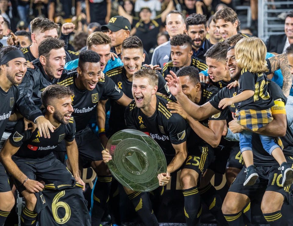 LOS ANGELES, CA - SEPTEMBER 25:  Los Angeles FC celebrates winning the Supporters Shield following Los Angeles FC's MLS match against Houston Dynamo at the Banc of California Stadium on September 25, 2019 in Los Angeles, California.  Los Angeles FC won the match 3-1  (Photo by Shaun Clark/Getty Images)