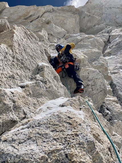 Alpinist climbs on Changabang's West Wall in the Himalaya.