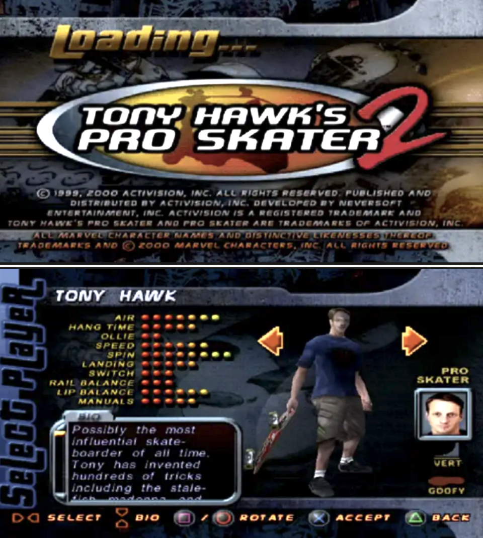 "Screen from Tony Hawk's Pro Skater 2 game featuring the character selection menu with Tony Hawk as a playable skater."