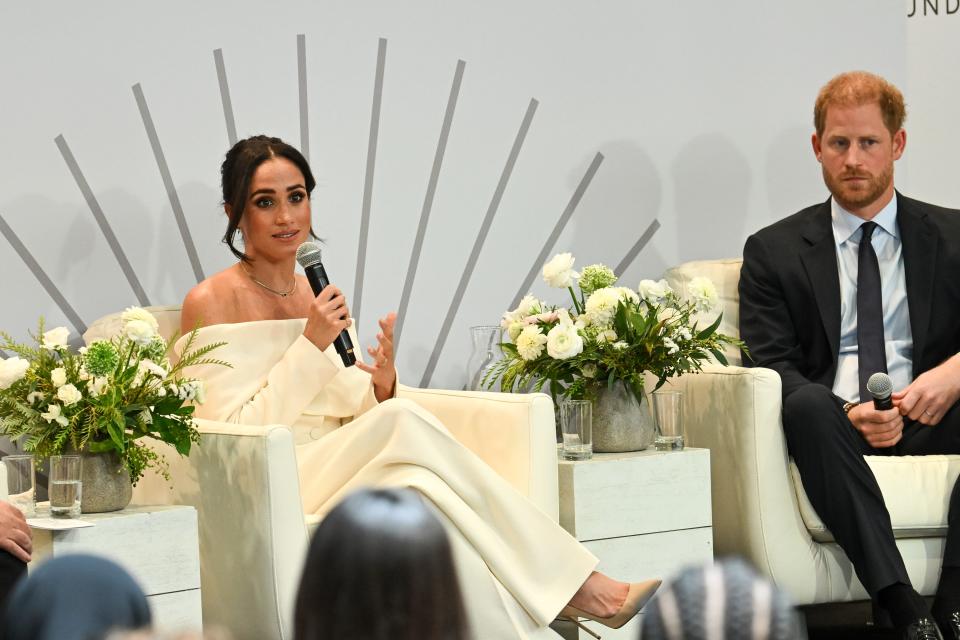 Meghan, Duchess of Sussex and Prince Harry speak onstage at The Archewell Foundation Parents’ Summit: Mental Wellness in the Digital Age on Oct. 10.