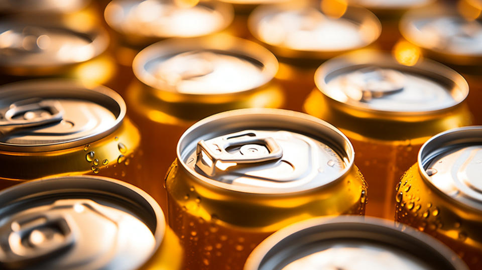 A close-up on several cans of freshly brewed beer in a commercial brewery.