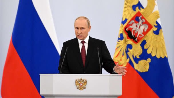 PHOTO: Russian President Vladimir Putin gives a speech during a ceremony formally annexing four regions of Ukraine Russian troops occupy, at the Kremlin in Moscow on September 30, 2022.  (Gavriil Grigorov/SPUTNIK/AFP via Getty Images)