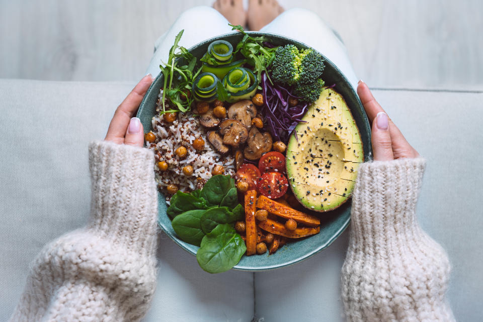 Healthy eating. Plate with vegan or vegetarian food. Healthy plant-based diet. Healthy dinner. Buddha bowl with fresh vegetables. High quality photo