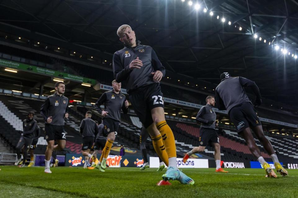 LOAN: Harrison Bright, pictured warming up for Newport County at MK Dons, has joined Pontypridd <i>(Image: Huw Evans Agency)</i>