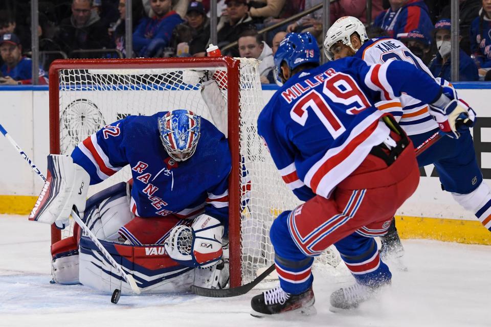 Dec 22, 2023; New York, New York, USA; New York Rangers goaltender Jonathan Quick (32) makes a save against the Edmonton Oilers during the first period at Madison Square Garden.