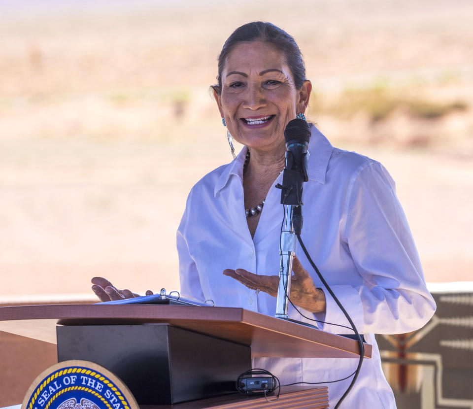 U.S. Secretary of the Interior Deb Haaland speaks after signing the agreement for the Navajo federal reserved water rights settlement at Monument Valley, Utah on Friday, May 27, 2022. (Rick Egan/The Salt Lake Tribune via AP)