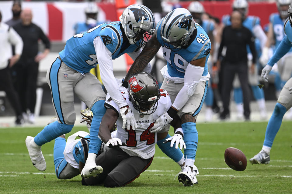 Buccaneers wide receiver Chris Godwin fumbled immediately after the broadcast called him reliable. Oof. (AP Photo/Jason Behnken)