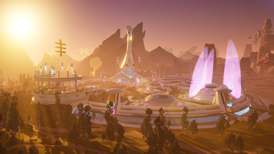 An image of Utropia city in Everywhere, a gleaming, futuristic citadel.