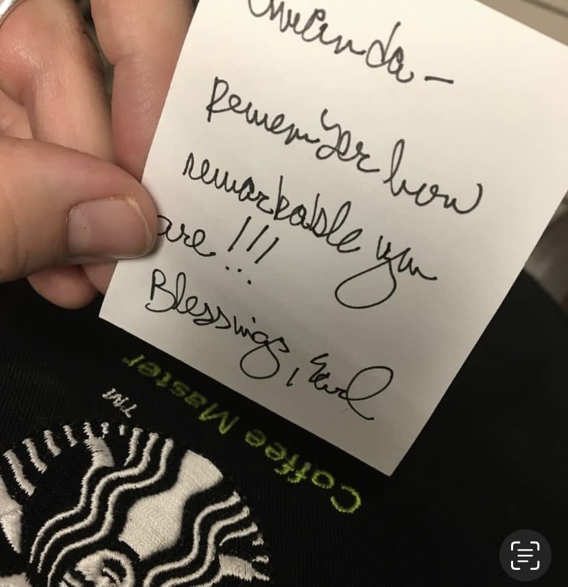 Not all Starbucks customers are rude to baristas. Sometimes, one of our store regulars would write us hand-written notes while he enjoyed his drink in the store. (Photo: Amanda Prophet)