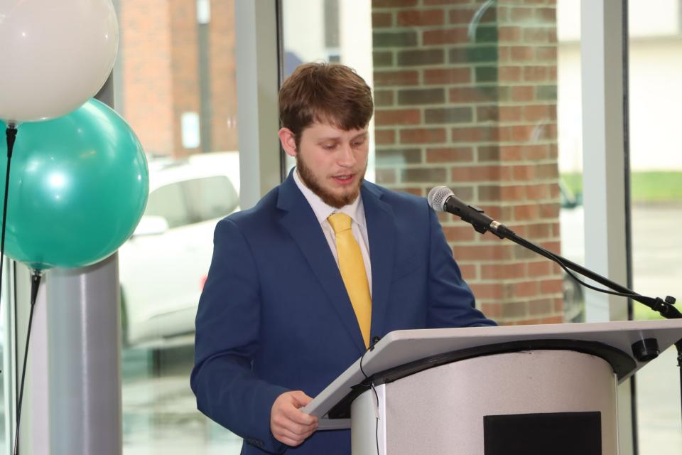 Charles Eason, the North Gaston High School Star Student of 2024, introduces his Star Teacher Timothy Reed at a ceremony held on April 11, 2024.