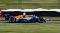 Felix Rosenqvist of Sweden drives during practice for the IndyCar auto race at Indianapolis Motor Speedway in Indianapolis, Friday, May 14, 2021. (AP Photo/Michael Conroy)