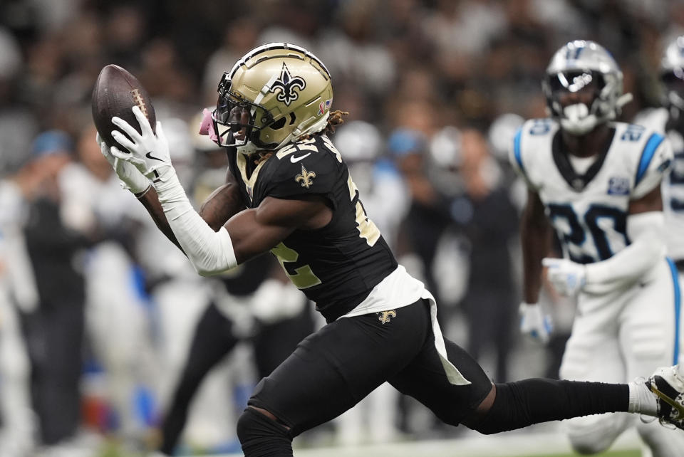 New Orleans Saints wide receiver Rashid Shaheed (22) makes a catch for a touchdown during the first half of an NFL football game against the Carolina Panthers, Sunday, Sept. 8, 2024, in New Orleans. (AP Photo/Gerald Herbert)