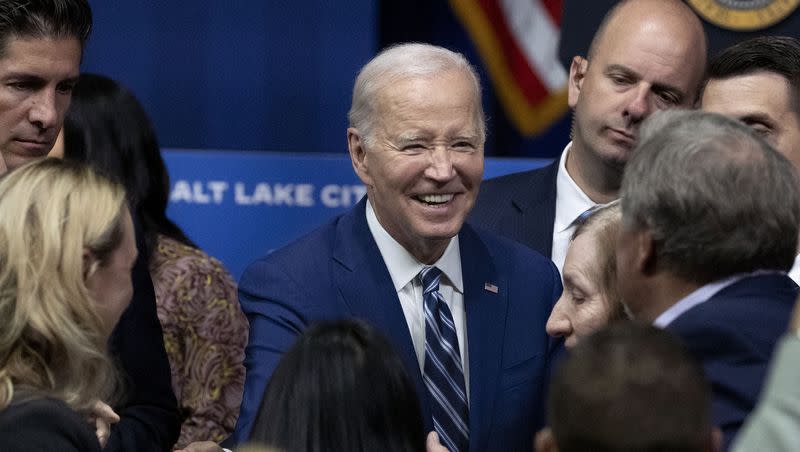 President Joe Biden greets attendees after speaking on the one-year anniversary of passage of the PACT Act, the most significant expansion of benefits and services for toxic exposed veterans and survivors in over 30 years, at the George E. Wahlen Department of Veterans Affairs Medical Center in Salt Lake City on Thursday, Aug. 10, 2023.