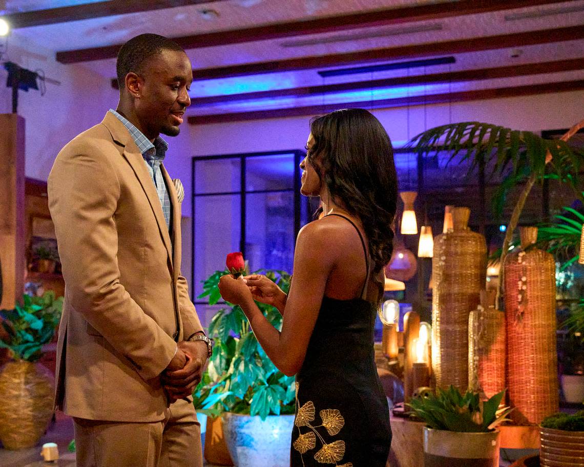 Xavier Bonner receives a rose from Charity Lawson on the July 10, 2023, episode of “The Bachelorette” on ABC.