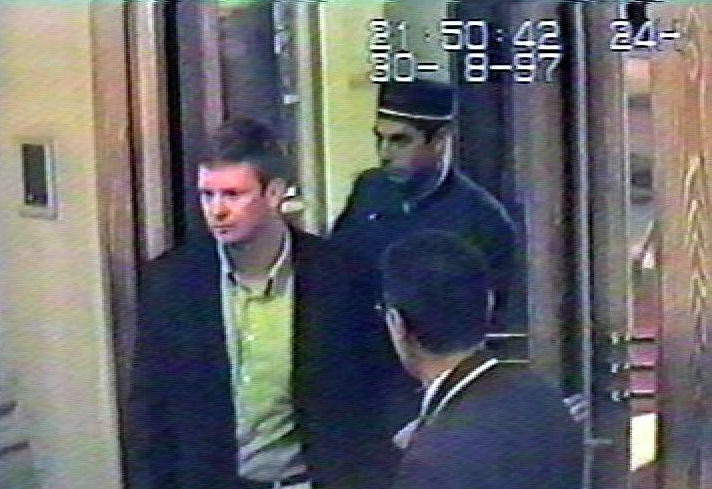 Mr Rees captured on CCTV at the Ritz Hotel in Paris hours before the crash (Picture: Rex)