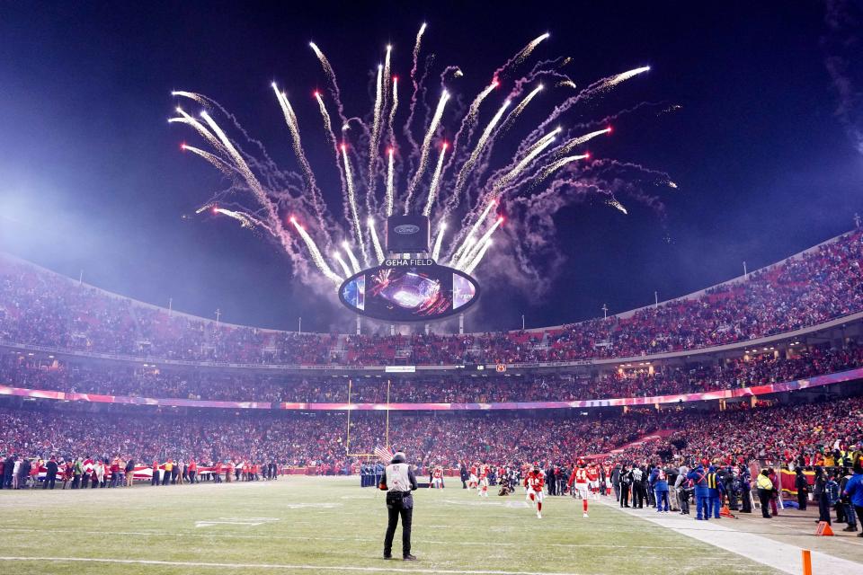 Fireworks go off before the Dolphins-Chiefs playoff game.