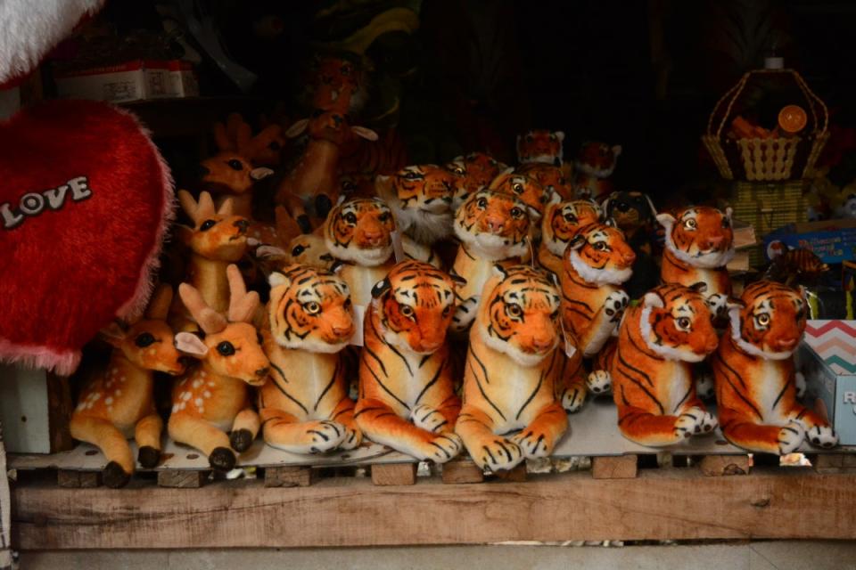 Soft toys sold at the market in Sundarbans Wild Animal Park, Jharkhali (Namita Singh/ The Independent)