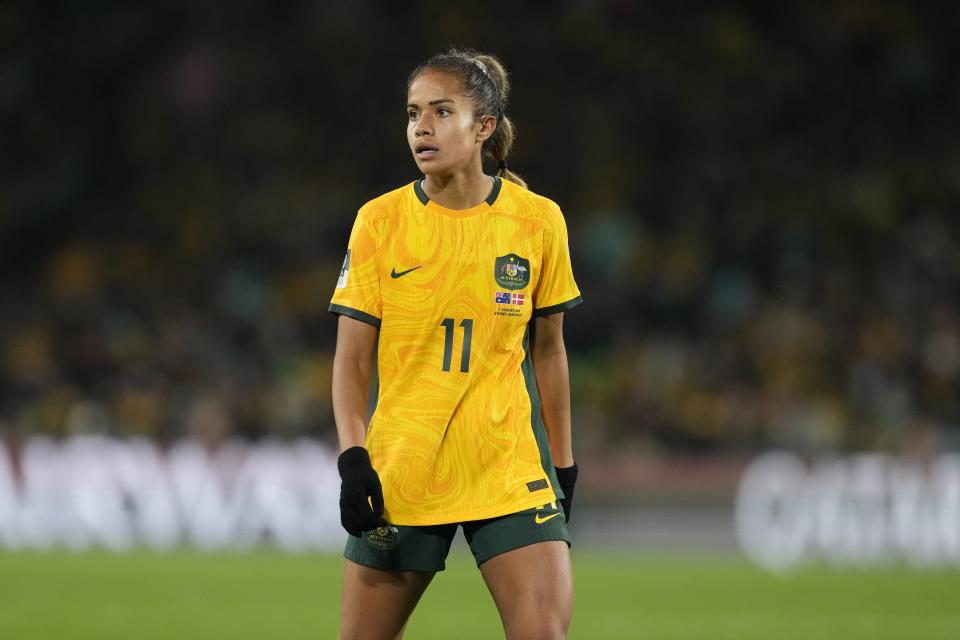 Australia's Mary Fowler during the Women's World Cup round of 16 soccer match between Australia and Denmark at Stadium Australia in Sydney, Australia, Monday, Aug. 7, 2023. (AP Photo/Mark Baker)