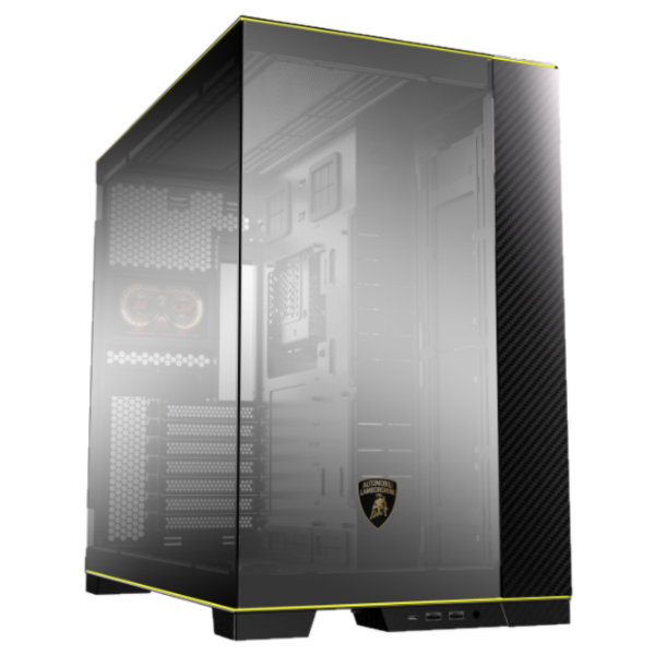  An image of the O11D EVO RGB Automobili Lamborghini Edition computer case. It is black and grey with two yellow highlights and a lamborghini crest on the front glass. 