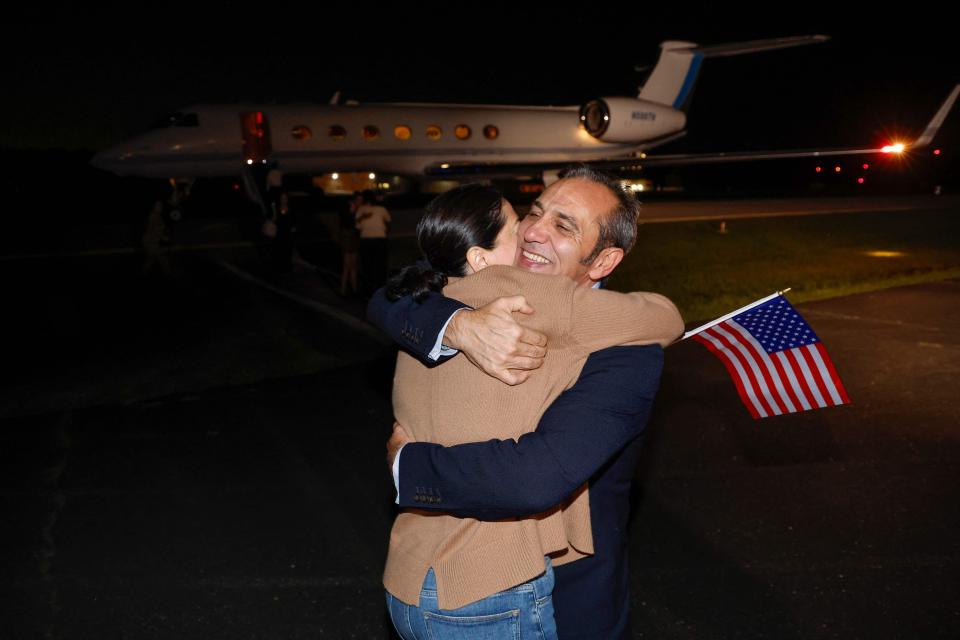 September 19, 2023: Family members embrace freed US Emad Shargi after disembarking from an airplane at Davison Army Airfield at Fort Belvoir, Virginia. The United States and Iran, on Sept.18, 2023, swapped five prisoners each in one of the arch-foes first deals in years as Tehran gained access to $6 billion in frozen funds. The five Americans freed by Iran, including one held for eight years, flew out of Tehran in a Qatari jet, hours after the unblocked funds were deposited in accounts managed by Qatar.