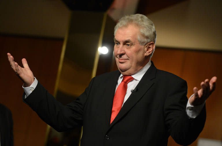 Czech new-elected President Milos Zeman gives an interview for the Czech television on January 26, 2013 in Prague. Czechs chose Europe-friendly leftist and ex-premier Zeman as their new president Saturday for the first time by direct popular vote, as he trounced his conservative aristocrat rival with an anti-austerity campaign